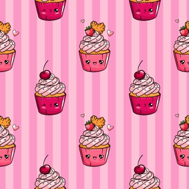Pembe çizgili arka planda şirin kapkek karakterleri olan kusursuz bir desen. Yazdırma, kumaş, duvar kağıdı veya ambalaj kağıdı için vektör tasarımı.
