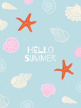 Yaz afişi, poster, kapak, şirin plaj ve tatil el çizimi karalama elementleri. Satış, indirim, markalaşma, sosyal medya reklamları, tanıtım, festivaller, tatil kutlamaları için vektör tasarım şablonu.