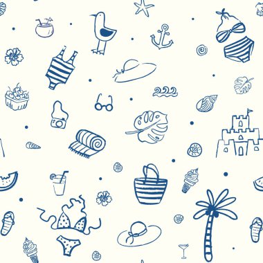 Sketchy yaz koleksiyonu, plaj ve tatil el çizimleri eşliğinde kusursuz desenler. Yazdırma, kumaş, duvar kağıdı veya ambalaj kağıdı için vektör tasarımı.