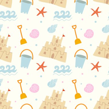 Kumdan kaleler, kovalar, kürekler, denizyıldızları, dalgalar, kabuklar. Şirin sahil ve tatil için çizilmiş karalama elementleri. Yazdırma, kumaş, duvar kağıdı veya ambalaj kağıdı için vektör tasarımı.