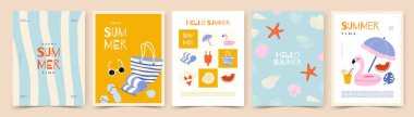 Yaz afişi, poster, kapak, şirin plaj ve tatil el çizimleri olan kart seti. Satış, indirim, markalaşma, sosyal medya reklamları, tanıtım, selamlama için vektör tasarım şablonu.