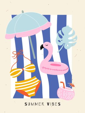 Havuz için pembe şişirilebilir flamingo, kokteyl, güneş şemsiyesi, canavar. Kumsal ve tatilci el çizimleri. Duvar dekorasyonu, kartpostal, kapak için vektör seyahat illüstrasyonu