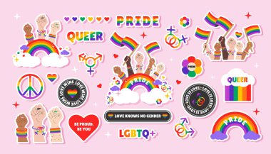 LGBTQ sembolü, gökkuşağı unsurları, tuhaf sloganlar, cümleler ve Onur Ayı kutlamaları için alıntılar içeren şirin LGBT çıkartması. Vektör illüstrasyonu