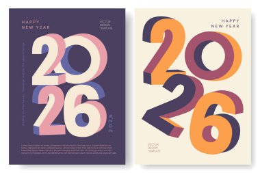 Mutlu yıllar 2026 rakamlı modern moda afişi. Yaratıcı pankart konsepti, takvim için kapak. Typography ile tasarım şablonu