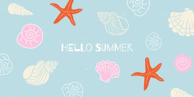 Yaz afişi, poster, kapak, şirin plaj ve tatil el çizimi karalama elementleri. Satış, indirim, markalaşma, sosyal medya reklamları, tanıtım, festivaller, tatil kutlamaları için vektör tasarım şablonu.