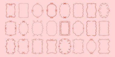 Fiyonklu, kurdeleli ve dalgalı çizgileri olan karalama el çizimleri. Minimalist klasik tuhaf sınırlar. Düğün davetiyesi için modern vektör tasarım şablonu, doğum günü kartı, baskı, tatil posteri.