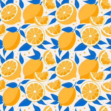 Limon ve mavi yapraklı kusursuz bir desen. Turunçgil meyveli şirin bir arka plan. Baskı, kumaş, duvar kağıdı ve ambalaj kağıdı için modern trend vektör sanat tasarımı.