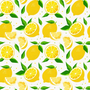 Limon ve mavi yapraklı kusursuz bir desen. Turunçgil meyveli şirin bir arka plan. Yazdırma, kumaş, duvar kağıdı, ambalaj kağıdı için vektör tasarımı.