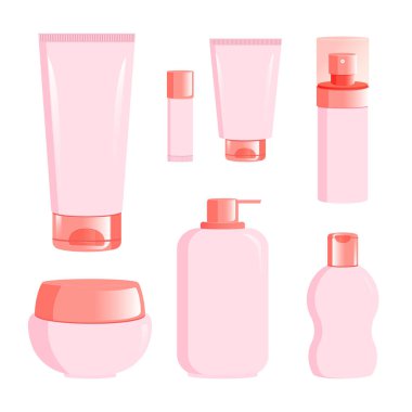 Boş kozmetik şişeleri, tüpler, krem, losyon, dudak kremi. Paket güzelliği ve cilt bakım ürünleri. Vektör izole illüstrasyonu.