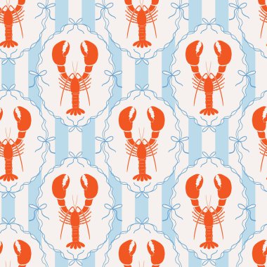 Çizgili arka planda fiyonk ve kurdele çerçeveli el çizimi tuhaf ıstakoz desenli, deniz yapımı klasik, dikişsiz desen. Modern trend Akdeniz vektör tasarımı deniz ürünleri, kerevit baskı, kumaş, duvar kağıdı, ambalaj kağıdı.