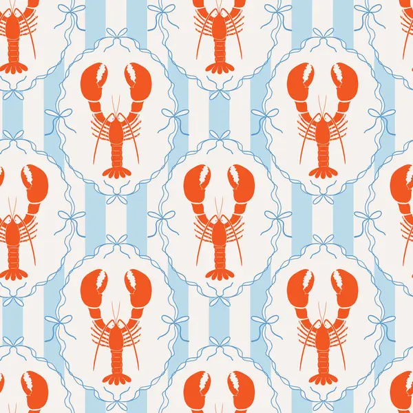 Çizgili arka planda fiyonk ve kurdele çerçeveli el çizimi tuhaf ıstakoz desenli, deniz yapımı klasik, dikişsiz desen. Modern trend Akdeniz vektör tasarımı deniz ürünleri, kerevit baskı, kumaş, duvar kağıdı, ambalaj kağıdı.
