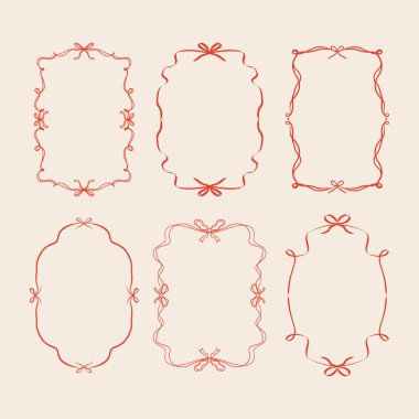 Fiyonklu, kurdeleli ve dalgalı çizgileri olan karalama el çizimleri. Minimalist klasik tuhaf sınırlar. Düğün davetiyesi için modern vektör tasarım şablonu, doğum günü kartı, baskı, tatil posteri.