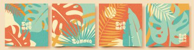 Tropikal yapraklı soyut yaz tatili parlak kart seti. Kutlama, reklam, markalaşma, afiş, kapak, poster, satış için yaratıcı konsept. Modern vektör tasarım şablonu.