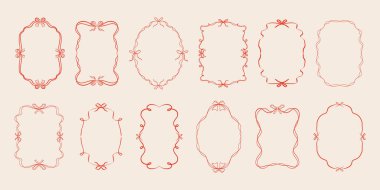 Fiyonklu, kurdeleli ve dalgalı çizgileri olan karalama el çizimleri. Minimalist klasik tuhaf sınırlar. Düğün davetiyesi için modern vektör tasarım şablonu, doğum günü kartı, baskı, tatil posteri.