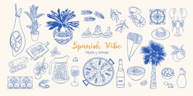İspanyol tatil atmosferi modaya uygun çizim tarzında ayarlandı. El yapımı Akdeniz yemeği, paella, sangria, tapas, gazpacho, churros, ıstakoz, midye, sucuk, fayans, jamon, palmiye. Kart, baskı, düğün davetiyesi, menü tasarımı için sahil koleksiyonu.