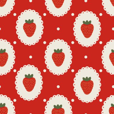 Çilek ve benekli klasik kırmızı dikişsiz desen. Baskı, kumaş, duvar kağıdı, ambalaj kağıdı tasarımı.