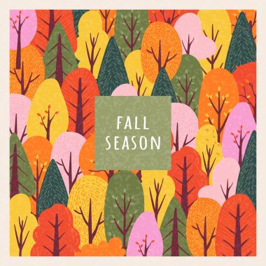Soyut sonbahar tebrik kartı, afiş, poster, kapak, parlak renkli ağaçlar, orman, bitkiler. Web, baskı, reklamlar, sosyal medya, sezon dekorasyonu için vektör sonbahar şablonu