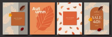 Sonbahar afişi, poster, kart ya da el ilanı seti. Yapraklar ve tipografi tasarımı ile arka planı sonlandır. Satış, markalaşma, reklam, web, sosyal medya şablonu