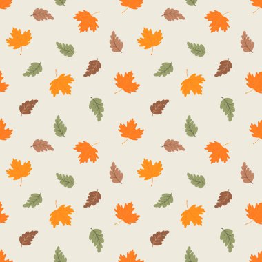 Bej arka planda soyut parlak yaprakları olan sonbahar pürüzsüz deseni. Baskı, kumaş, duvar kağıdı, ambalaj kağıdı için vektör sonbahar tasarımcısıName