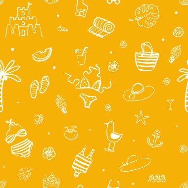 Plajlı ve tatilci eli sarı arka planda karalama elementleri olan kusursuz yaz desenleri. Yazdırma, kumaş, duvar kağıdı veya ambalaj kağıdı için vektör tasarımı.