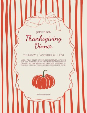 Şükran Günü davetiye tasarım şablonu. Yazılı, balkabaklı, el kaprisli çerçeveli, eğimli ve dalgalı çizgileri olan klasik sonbahar posteri.