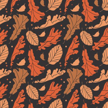 Siyah arka planda soyut yaprakları olan dikişsiz sonbahar deseni. Baskı, kumaş, duvar kağıdı, ambalaj kağıdı için vektör sonbahar tasarımcısıName