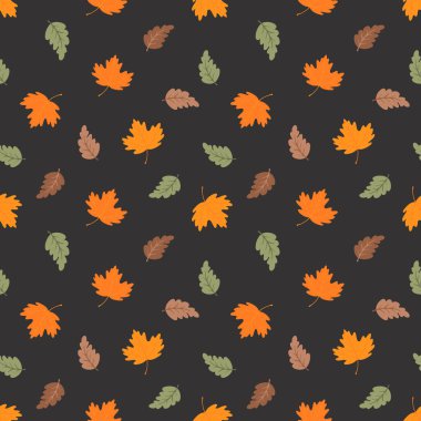 Siyah arka planda soyut parlak yaprakları olan sonbahar pürüzsüz deseni. Baskı, kumaş, duvar kağıdı, ambalaj kağıdı için vektör sonbahar tasarımcısıName