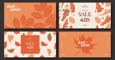 Sonbahar sezonunun soyut sonbahar yapraklarıyla yatay arka planı. Web, satış, poster, afiş, el ilanı, başlık, kapak, sosyal medya, moda reklamları için modern Autumn minimalist tasarım şablonu