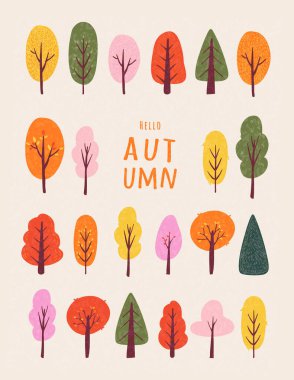 Soyut sonbahar posteri, tebrik kartı, afiş, kapak, elle çizilmiş parlak renkli orman, ağaçlar. Yazdırma, reklamlar, sosyal medya, sezon dekorasyonu için vektör sonbahar şablonu