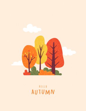 Modern soyut sonbahar posteri, tebrik kartı, afiş, kapak, elle çizilmiş parlak renkli orman, ağaçlar. Yazdırma, reklamlar, sosyal medya, sezon dekorasyonu için vektör sonbahar şablonu