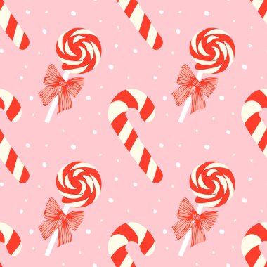 Tatlı Noel desenli, şeker kamışlı ve pembe arka planda fiyonklu. Baskı, kumaş, duvar kağıdı veya ambalaj kağıdı için Xmas tasarımı.