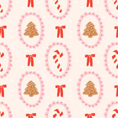 El çizimleri, şeker kamışı, Noel ağacı şekilli zencefilli kurabiye ve fiyonklu şirin Noel desenleri. Yazdırma, kumaş, duvar kağıdı veya ambalaj kağıdı için Xmas arkaplanı