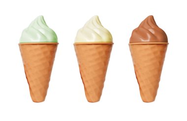 Beyaz arka planda çikolatalı, naneli ve sütlü waffle külahında çeşitlilik.