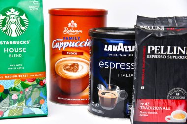 Brewed ground coffee in packages.