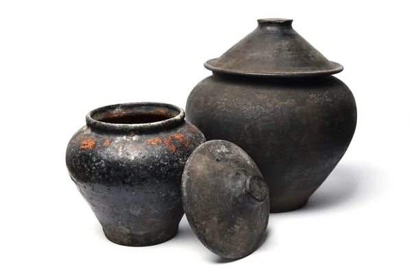 stock image Two ceramics pots on white background. Tradition Ukrainian vintage tableware.