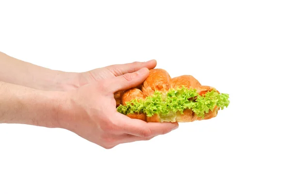 Sale Freshly Baked Crispy Sandwich Croissant Lettuce Fast Food Held — Stock Photo, Image