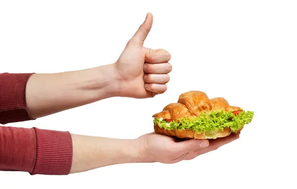 Croissant Sandwich Avec Salade Est Tenu Dans Les Mains Montrer — Photo