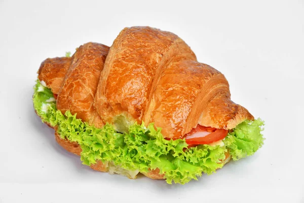 Домашний Бутерброд Круассаном Салатом Здоровое Питание Завтрак Обед Школе — стоковое фото