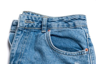 Jeans isolated on white close up, denim pocket on pants isolated clipart