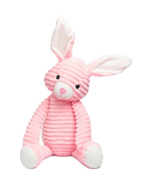 Pembe tavşancık. Beyaz arka planda izole edilmiş yumuşak peluş tavşan çocuk oyuncağı. Sevimli, komik tavşan - oyuncak.
