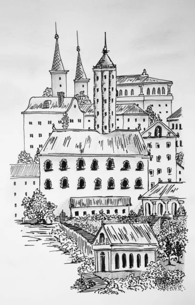Hand draw sketch old town illustration. Ink sketch of buildings. Cityscape view, old town street, black and white drawing