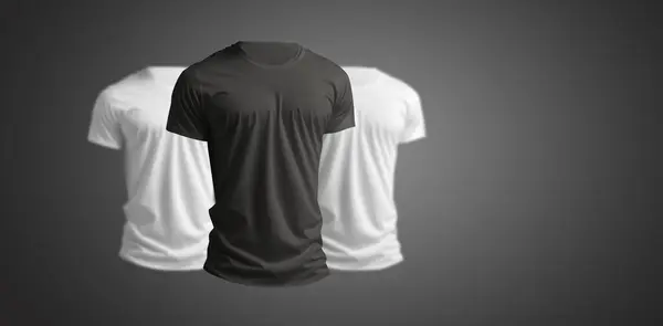 Collection of T-Shirt Blank Mock Up Transparent Invisible Mannequin On Dark Gray Background. Collection of white and black colour t-shirt, focus on foreground, blur background.