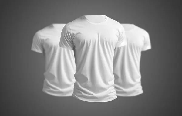 White T-Shirt Blank Mock Up Transparent Invisible Mannequin On Dark Gray Background. Collection of white t-shirt, focus on foreground, blur background.