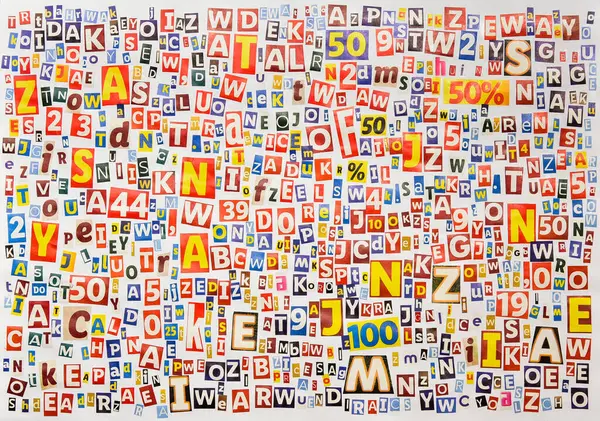 Alphabet letters and numbers cut from magazines and newspapers, abstract colorful collage background. Anonymous letter, a set of various symbols, letters and numbers, clippings, collage.