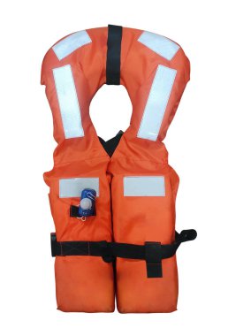Yansıtıcı etiketli turuncu renkli can yeleği beyaz arka planda izole edilmiştir. Gemideki yolcuları kurtarmak.