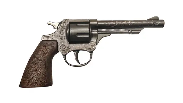 Kalıplı kabzalı klasik kovboy tabancası beyaz arka planda izole edilmiştir. Ateşli klasik silah..