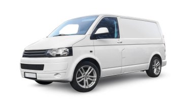 Beyaz minibüs nakliye aracı beyaz arka planda izole edilmiş, boş yan şablon. Teslimat servisi, kargo taşımacılığı ya da taşınma için modelleme yapın.. 