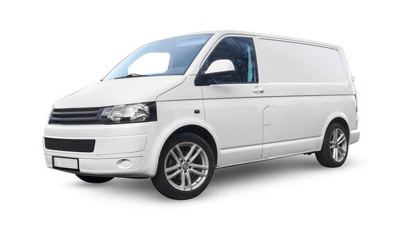 White van transport car isolated on white background, blank side template mock up for your design of delivery service, cargo transportation or moving, campervan. 