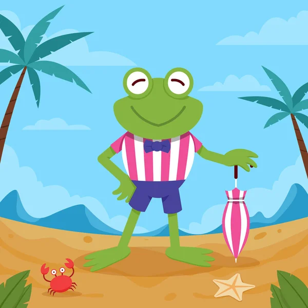 快乐的青蛙去海滩娱乐 — 图库矢量图片