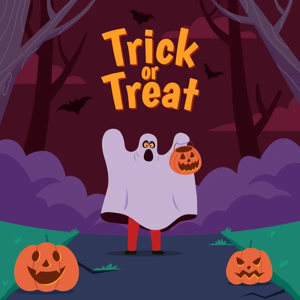 Man Bär Vit Spökdräkt Runt Halloween Kväll — Stock vektor